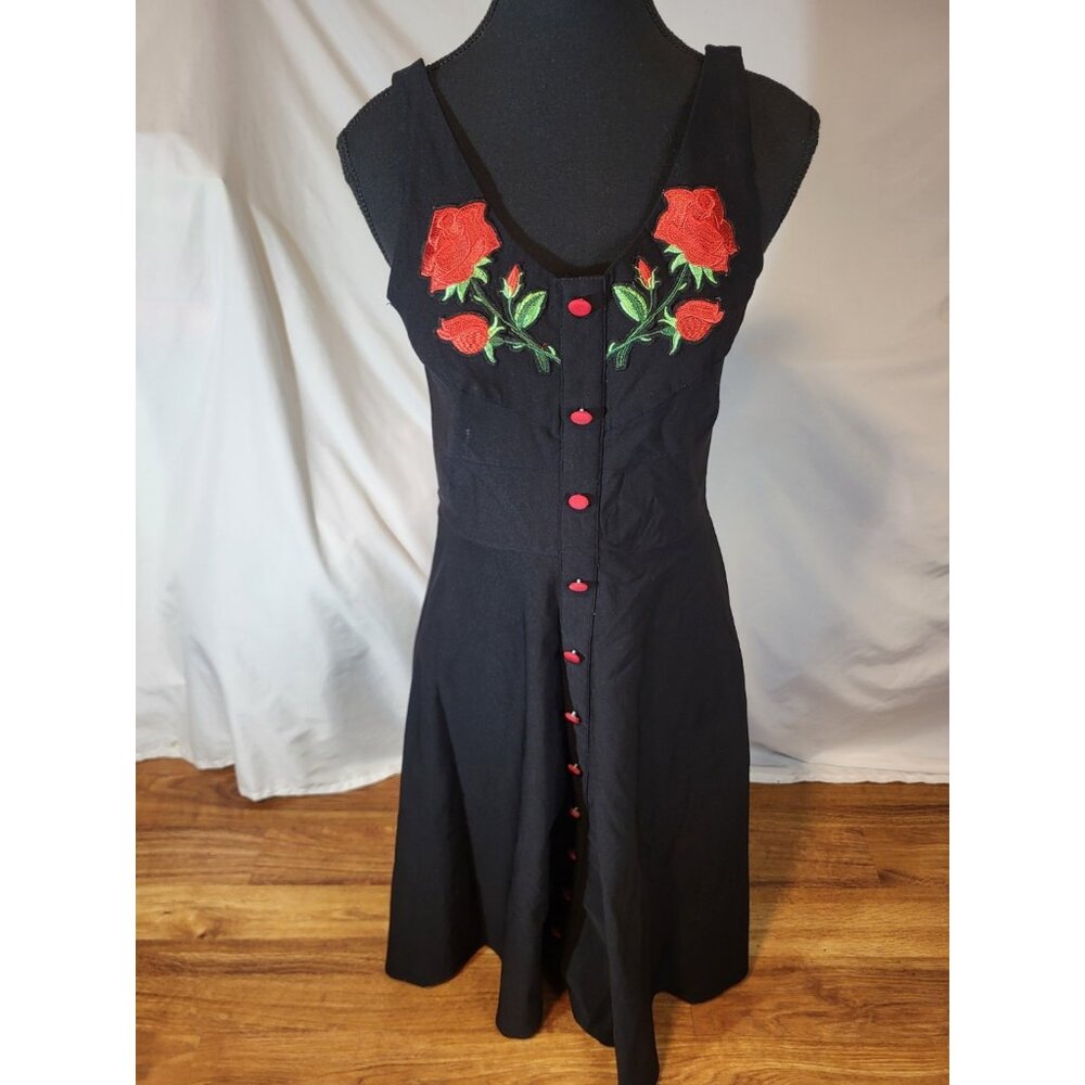 Belle‎ Poque  1950s Retro  Rockabilly V-Neck Flared A-Line Dress M Roses Black